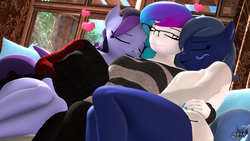 Size: 1920x1080 | Tagged: safe, artist:anthroponiessfm, oc, oc only, oc:aurora starling, oc:midnight music, oc:raven storm, anthro, 3d, anthro oc, clothes, cuddling, cute, explicit source, eyes closed, female, glasses, heart, holiday, hug, lesbian, source filmmaker, valentine's day