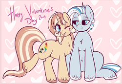 Size: 900x620 | Tagged: safe, artist:lulubell, oc, oc only, oc:frost, oc:lulubell, earth pony, pony, unicorn, cheek squish, female, frostbell, holiday, male, mare, nuzzling, oc x oc, shipping, squishy cheeks, stallion, straight, valentine's day