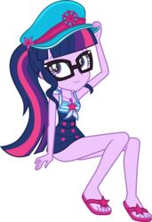 Size: 3000x4390 | Tagged: safe, artist:cloudy glow, artist:sugar-loop, sci-twi, twilight sparkle, equestria girls, equestria girls series, forgotten friendship, g4, .ai available, attached skirt, blue swimsuit, bow swimsuit, captain hat, clothes, cute, feet, female, flip-flops, geode of telekinesis, glasses, hat, high res, magical geodes, one-piece swimsuit, ponytail, sandals, sci-twi swimsuit, simple background, sitting, skirt, sleeveless, solo, striped swimsuit, swimsuit, transparent background, tricolor swimsuit, twiabetes, vector