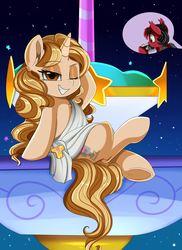 Size: 2550x3509 | Tagged: safe, artist:pridark, taralicious, oc, bat pony, pony, unicorn, blushing, camera, clothes, commission, crossed legs, female, fountain of dreams, high res, inset, male, mare, night, one eye closed, pete wentz, ponified celebrity, sitting, smiling, solo focus, stallion, tara strong, toga, wink