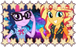 Size: 2048x1305 | Tagged: safe, editor:php77, sci-twi, sunset shimmer, twilight sparkle, equestria girls, g4, my little pony equestria girls: better together, female, geode of empathy, geode of telekinesis, lesbian, magical geodes, ship:sci-twishimmer, ship:sunsetsparkle, shipping, stamp