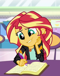 Size: 851x1080 | Tagged: safe, screencap, sunset shimmer, equestria girls, g4, mirror magic, spoiler:eqg specials, cheek squish, cropped, cute, female, geode of empathy, hand on cheek, hand on face, looking down, magical geodes, shimmerbetes, solo, squishy cheeks, writing