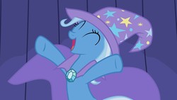 Size: 1280x720 | Tagged: safe, screencap, trixie, pony, unicorn, boast busters, g4, cape, clothes, cute, diatrixes, eyes closed, female, hat, mare, open mouth, smiling, solo, trixie's cape, trixie's hat