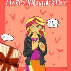 Size: 1000x1000 | Tagged: safe, artist:sozglitch, sunset shimmer, equestria girls, g4, clothes, female, heart, holiday, jacket, leather jacket, present, shirt, skirt, solo, valentine's day