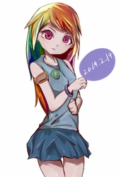 Size: 882x1288 | Tagged: safe, artist:班迪特, rainbow dash, human, g4, bracelet, clothes, cute, female, human coloration, humanized, jewelry, looking at you, miniskirt, moe, pleated skirt, simple background, skirt, solo, thighs, white background