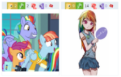 Size: 540x343 | Tagged: safe, artist:班迪特, edit, edited screencap, screencap, bow hothoof, rainbow dash, scootaloo, windy whistles, human, pegasus, pony, derpibooru, g4, parental glideance, bracelet, clothes, female, filly, human coloration, humanized, jewelry, juxtaposition, looking at you, male, mare, meta, saddle bag, simple background, skirt, stallion, white background