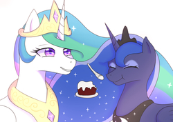 Size: 4963x3510 | Tagged: safe, artist:chagold, princess celestia, princess luna, g4, cake, female, food, sibling love, siblings, sisterly love, sisters, spoon