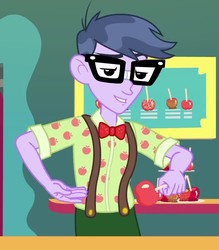 Size: 787x898 | Tagged: safe, screencap, micro chips, equestria girls, equestria girls specials, g4, my little pony equestria girls: better together, my little pony equestria girls: rollercoaster of friendship, apple, caramel apple (food), clothes, cropped, food, glasses, male