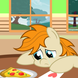 Size: 2500x2500 | Tagged: safe, artist:pizzamovies, oc, oc only, oc:pizzamovies, earth pony, pony, boutique depression, crying, food, heart, hearts and hooves day, high res, lonely, male, meat, pepperoni, pepperoni pizza, pizza, plate, sad, sky, solo, stallion, table, tree, window