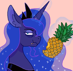Size: 540x520 | Tagged: safe, artist:horsepaws, princess luna, alicorn, pony, a royal problem, g4, bags under eyes, bust, female, food, herbivore, magic, pineapple, portrait, profile, simple background, solo, tired