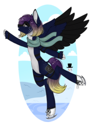 Size: 1515x1953 | Tagged: safe, artist:ohhoneybee, artist:sirmerris, oc, oc only, oc:robin, pegasus, pony, bipedal, clothes, female, figure skating, mare, scarf, solo