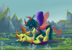 Size: 2900x2000 | Tagged: safe, artist:lordvaltasar, artist:rossmaniteanzu, pharynx, thorax, changedling, changeling, g4, brotherly love, brothers, changedling brothers, changeling hive, commission, commissioner:navelcolt, cute, duo, duo male, happy, high res, king thorax, lying down, male, open mouth, pharybetes, playing, prince pharynx, raised eyebrow, scar, scenery, sibling, sibling love, siblings, smiling, spread wings, thorabetes, tickling, wings