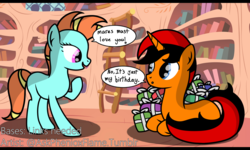 Size: 1710x1028 | Tagged: safe, artist:steamyart, oc, oc:dawn, oc:redzac, pony, unicorn, base used, birthday, dialogue, looking at each other, looking at someone, lying down, present, prone, raised hoof, speech bubble