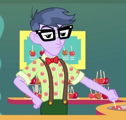 Size: 973x921 | Tagged: safe, screencap, micro chips, equestria girls, equestria girls specials, g4, my little pony equestria girls: better together, my little pony equestria girls: rollercoaster of friendship, apple, caramel apple (food), clothes, food, glasses, looking at you, male, pants