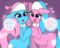 Size: 3234x2550 | Tagged: safe, artist:takaneko13, aloe, lotus blossom, earth pony, pony, g4, cute, dialogue, female, heart, hearts and hooves day, high res, holiday, mare, sexy, spa twins, twins, valentine's day