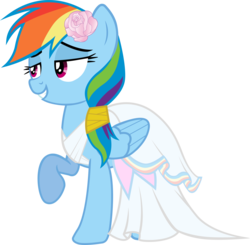 Size: 2781x2726 | Tagged: safe, artist:rainbowmaned, rainbow dash, pegasus, pony, g4, clothes, cute, dashabetes, dress, female, flower, flower in hair, high res, lidded eyes, mare, rainbow dash always dresses in style, raised hoof, simple background, smiling, solo, transparent background, vector, wedding dress
