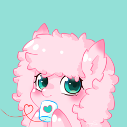 Size: 1597x1597 | Tagged: dead source, safe, artist:猞猁slxs, part of a set, oc, oc only, oc:fluffle puff, pony, blue background, implied chrysalis, implied shipping, looking at you, simple background, solo, string phone