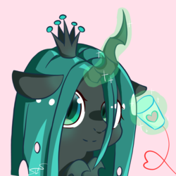 Size: 1478x1478 | Tagged: dead source, safe, artist:猞猁slxs, part of a set, queen chrysalis, changeling, changeling queen, g4, crown, female, glowing horn, horn, implied fluffle puff, implied shipping, jewelry, magic, regalia, solo, string phone, telekinesis