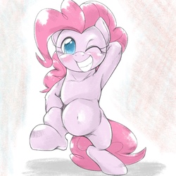 Size: 1536x1536 | Tagged: safe, artist:kurogewapony, pinkie pie, earth pony, pony, g4, armpits, belly button, female, grin, mare, one eye closed, silly, smiling, solo, standing, wink