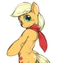 Size: 1536x1536 | Tagged: safe, artist:kurogewapony, applejack, earth pony, pony, g4, bipedal, butt, clothes, cutie mark, female, freckles, looking at you, looking back, looking back at you, mare, missing accessory, plot, scarf, simple background, smiling, solo, standing, white background