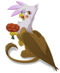 Size: 900x1102 | Tagged: safe, artist:littlehybridshila, gilda, griffon, g4, blushing, cute, female, flower, gildadorable, gildere, holiday, looking back, open mouth, simple background, solo, transparent background, tsundere, valentine's day
