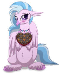 Size: 811x1000 | Tagged: safe, artist:littlehybridshila, silverstream, classical hippogriff, hippogriff, g4, blushing, chocolate, cute, diastreamies, female, food, holiday, looking at you, signature, simple background, sitting, solo, transparent background, valentine's day