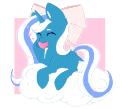 Size: 1024x922 | Tagged: safe, artist:v0lca, oc, oc:fleurbelle, alicorn, pony, adorabelle, adorable face, alicorn oc, bow, cloud, cute, dreamy, eyes closed, female, hair bow, happy, heart in mouth, hearts and hooves day, holiday, hoof on chin, hooves, love, mare, pink background, ribbon, simple background, sitting, valentine's day
