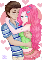 Size: 2894x4093 | Tagged: safe, artist:munkisart, pinkie pie, oc, oc:copper plume, equestria girls, bow, canon x oc, clothes, commission, commissioner:imperfectxiii, copperpie, cute, female, freckles, glasses, heart, holiday, hug, love, male, ponytail, shipping, shirt, skirt, smiling, straight, valentine's day, ych result
