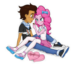 Size: 2276x2021 | Tagged: safe, artist:anon_bardos, pinkie pie, oc, oc:copper plume, equestria girls, equestria girls series, blushing, bow, box of chocolates, canon x oc, chocolate, clothes, commission, commissioner:imperfectxiii, converse, copperpie, feeding, female, food, freckles, glasses, holiday, male, miniskirt, neckerchief, pants, pantyhose, sandals, shipping, shirt, shoes, simple background, sitting on lap, sitting on person, skirt, sneakers, straight, valentine's day