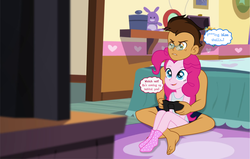 Size: 4704x3000 | Tagged: safe, artist:limedazzle, pinkie pie, oc, oc:copper plume, equestria girls, g4, barefoot, bed, canon x oc, clothes, commission, commissioner:imperfectxiii, controller, copperpie, feet, female, joystick, male, male feet, mario kart, pinkie pie's bedroom (equestria girls), shelf, shipping, shirt, show accurate, sitting on lap, socks, straight, t-shirt, television, video game