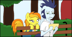Size: 2480x1291 | Tagged: safe, soarin', spitfire, pony, g4, bench, clothes, female, letter, male, mare, sitting, stallion, tree
