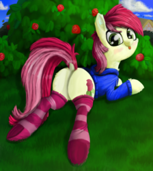 Size: 1920x2139 | Tagged: safe, artist:nuxersopus, roseluck, earth pony, pony, g4, :p, blushing, butt, chest fluff, clothes, cloud, cute, cutie mark, dock, female, flower, hoodie, looking at you, looking back, looking back at you, mare, plot, prone, rosabetes, rose, rosebutt, scenery, silly, silly pony, smiling, smiling at you, socks, solo, striped socks, tongue out, underhoof