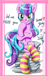 Size: 600x945 | Tagged: safe, artist:tastyrainbow, oc, oc only, pony, blushing, clothes, cute, happy, kneesocks, paper, sitting, smiling, socks, solo, striped socks, thinking