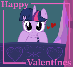Size: 3250x3000 | Tagged: safe, artist:devfield, twilight sparkle, pony, g4, :3, bed, bedroom, crystal, cute, female, heart, heart eyes, high res, holiday, show accurate, solo, text, twiabetes, valentine's day, wingding eyes