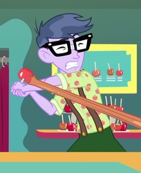 Size: 843x1034 | Tagged: safe, screencap, microchips, equestria girls, equestria girls series, g4, rollercoaster of friendship, apple, caramel apple (food), clothes, cropped, food, glasses, male