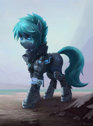 Size: 2426x3271 | Tagged: source needed, safe, artist:weird forthfona, oc, oc only, cyborg, pony, amputee, augmented, clothes, high res, implants, male, prosthetic leg, prosthetic limb, prosthetics, solo, stallion