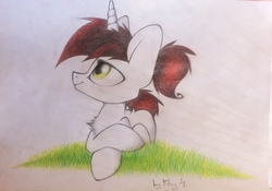 Size: 604x424 | Tagged: safe, artist:riley sunderson, oc, oc only, pony, unicorn, chest fluff, colored, female, looking up, solo, traditional art