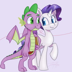 Size: 1350x1350 | Tagged: safe, artist:imaplatypus, rarity, spike, dragon, pony, unicorn, g4, eye contact, female, interspecies, looking at each other, male, mare, misleading thumbnail, older, older spike, ship:sparity, shipping, smiling, straight, winged spike, wings