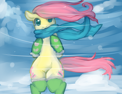 Size: 990x765 | Tagged: safe, artist:gokai-chibi, fluttershy, pony, semi-anthro, g4, 2014, arm hooves, bipedal, clothes, cute, female, gloves, mare, scarf, shyabetes, snow, socks, solo, standing, stockings, thigh highs, wind, windswept mane, winter
