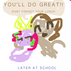 Size: 500x500 | Tagged: safe, artist:devi, oc, oc:cats milly, oc:kimi sparkle, earth pony, pegasus, pony, comic:cats takes kimi to pony school, bow, comic, doodle, duo, eyes closed, female, freckles, hair bow, hug, mare, motherly, simple background, simplistic art style, white background