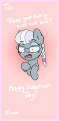 Size: 659x1335 | Tagged: safe, artist:lyrabop, silver spoon, earth pony, pony, g4, female, filly, glasses, holiday, looking at you, open mouth, solo, valentine's day, valentine's day card