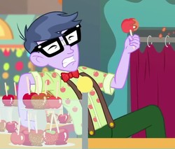 Size: 983x836 | Tagged: safe, screencap, micro chips, equestria girls, equestria girls specials, g4, my little pony equestria girls: better together, my little pony equestria girls: rollercoaster of friendship, apple, caramel apple (food), cropped, eyes closed, food, glasses, male