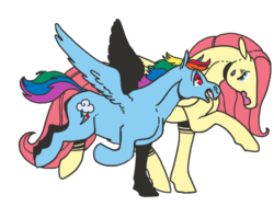 Size: 500x375 | Tagged: safe, artist:spectralunicorn, fluttershy, rainbow dash, pegasus, pony, g4, duo, female, flying, hoers, looking at each other, mare, open mouth, raised hoof, simple background, smiling, spread wings, sweat, transparent background, walking, wings