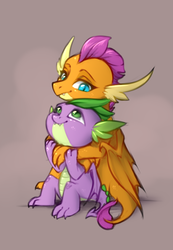 Size: 841x1213 | Tagged: safe, artist:vincher, smolder, spike, dragon, g4, claws, cuddling, cute, dragoness, duo, eye contact, female, friends, friendship, gray background, hug, lidded eyes, looking at each other, looking up, male, ship:spolder, shipping, simple background, sitting, smiling, smolderbetes, spikabetes, spikelove, spooning, spread wings, straight, wholesome, winged spike, wings