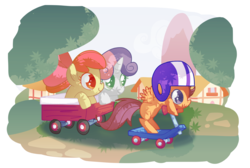Size: 2226x1500 | Tagged: safe, artist:andromedasparkz, apple bloom, scootaloo, sweetie belle, earth pony, pegasus, pony, unicorn, g4, bow, cart, cutie mark crusaders, female, filly, happy, helmet, houses, ponyville, scooter, wagon