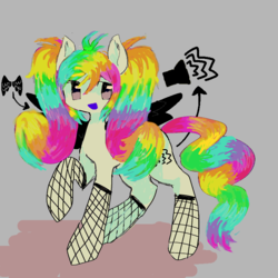 Size: 768x768 | Tagged: safe, artist:jqzz, oc, oc only, oc:cacophony, pegasus, pony, eyestrain warning, female, fishnet stockings, gray background, kidcore, mare, open mouth, rainbow, rainbow hair, raised hoof, scene kid, simple background, smiling, solo, standing, wings