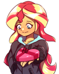 Size: 800x1000 | Tagged: safe, artist:rockset, sunset shimmer, equestria girls, g4, blushing, clothes, female, holiday, simple background, solo, valentine's day