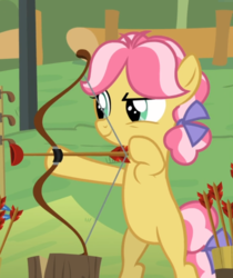 Size: 781x930 | Tagged: safe, screencap, kettle corn, earth pony, pony, g4, marks and recreation, archery, bipedal, cropped, female