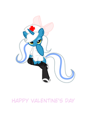 Size: 2039x2894 | Tagged: safe, artist:riofluttershy, oc, oc only, oc:fleurbelle, alicorn, pony, adorabelle, adorasexy, alicorn oc, bedroom eyes, bow, clothes, cute, female, hair bow, hearts and hooves day, high res, holiday, long eyelashes, long hair, long mane, long tail, looking at you, mare, nurse, nurse outfit, ocbetes, pink bow, sexy, socks, stockings, suspenders, thigh highs, valentine's day, yellow eyes