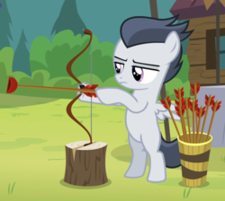 Size: 1003x899 | Tagged: safe, screencap, rumble, pegasus, pony, g4, marks and recreation, archery, bipedal, bored, colt, lidded eyes, male, solo, unamused